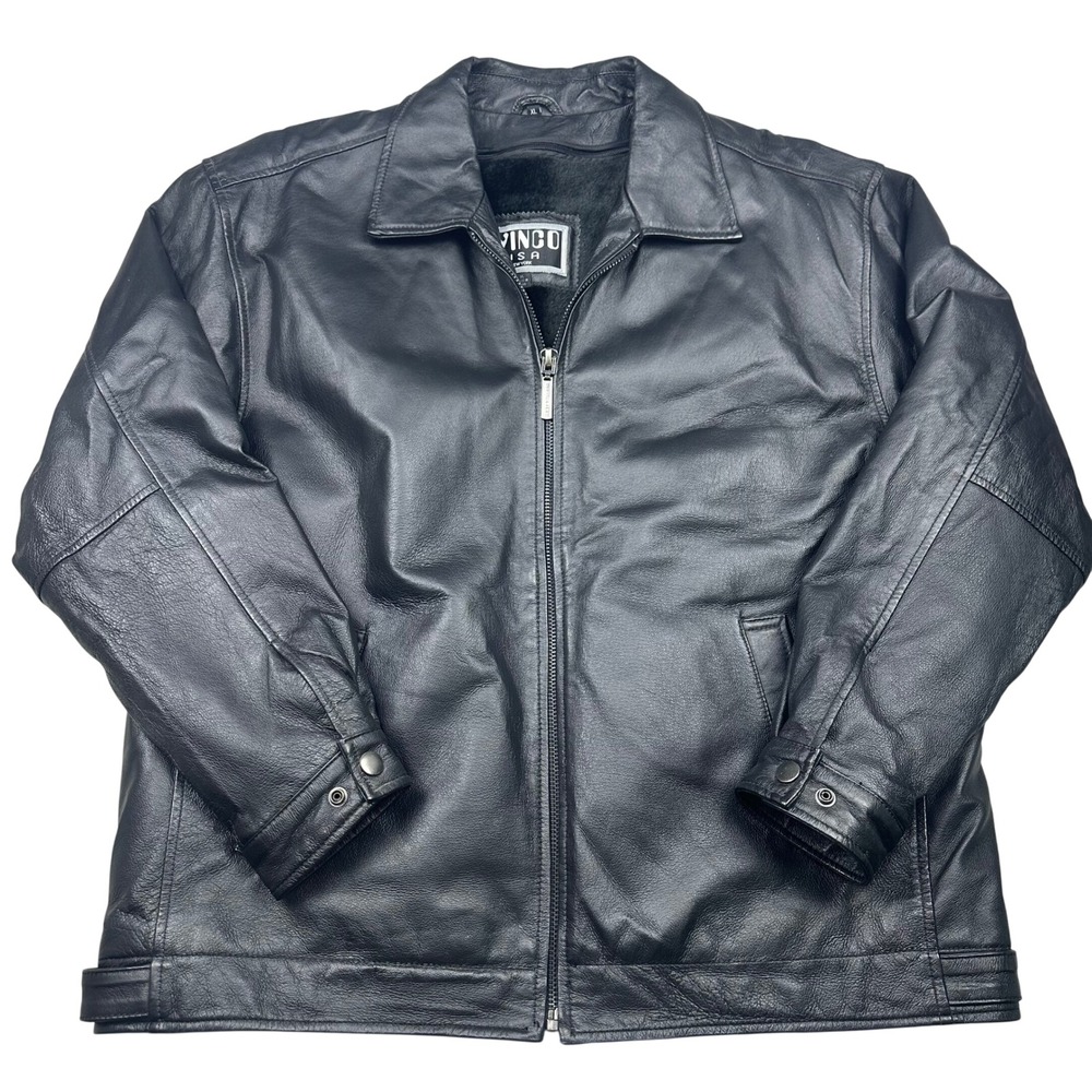 VTG 90s WINCO USA New York Black Leather Sherpa Lined Jacket Men's XL‎ Full Zip